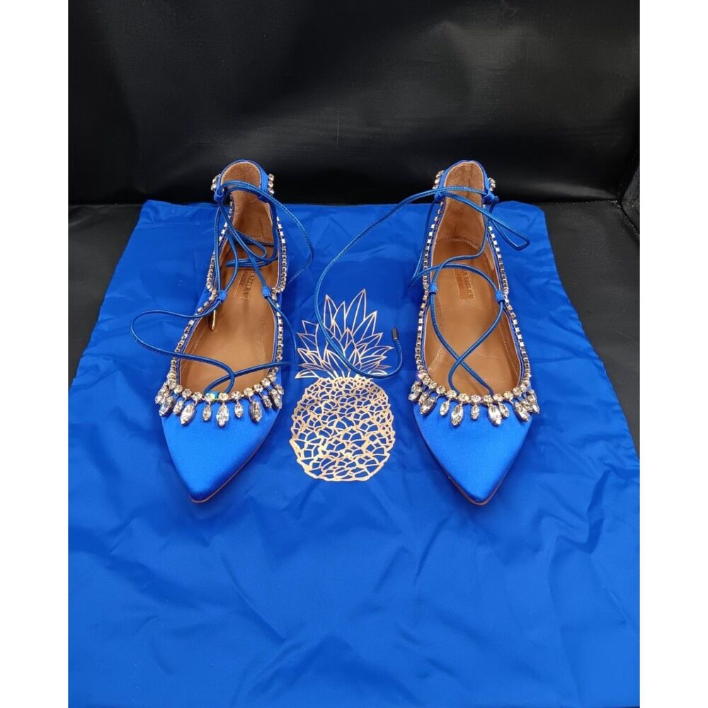 Aquazzura Christy Jeweled Satin Lace-Up Pointed Flats Blue 38 Preowned Unused